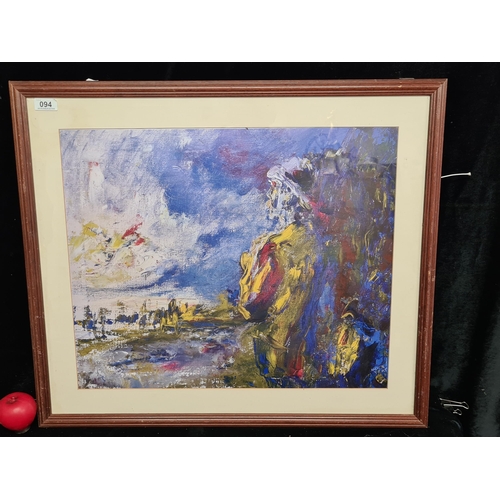 94 - A large print of a Jack B Yeats painting titled 'Early sunshine'. Housed in a wooden frame behind gl... 