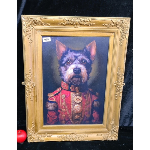 95 - A great print of a humorous portrait of a dog in military uniform. Housed in an ornate gilt frame.