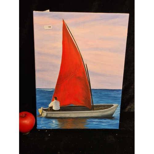 98 - A lively oil on canvas painting. Features a solitude man n a red sailing boat. Rendered in bright to... 