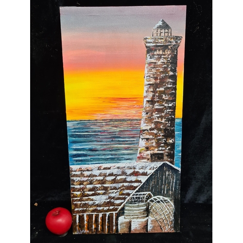 101 - A cheerful original oil on canvas painting. Features a coastal landscape with a light house and even... 