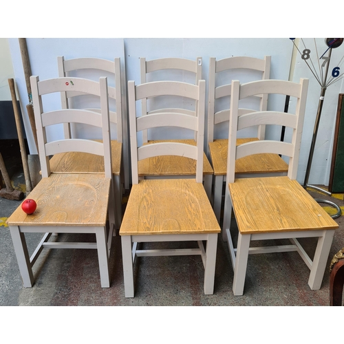 353 - A lovely set of six wooden ladder back dining chairs in light grey painted frames.