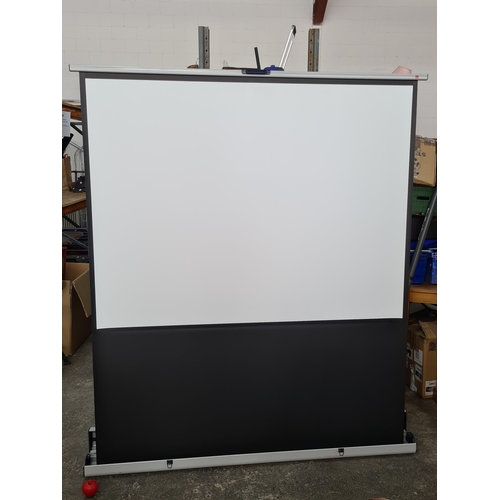 360 - A high quality mobile floor standing projector screen with adjustable height. MM: 175cm L X 210cm H