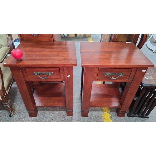 497 - A pair of handsome bedside tables with single drawers and lower display shelves.