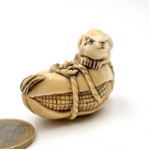 513 - A super carved original Japanese antique Netsuke (two holes) depicting a rat mounted on a sweetcorn ... 