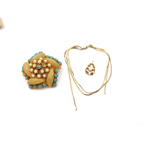 532 - A collection of three items consisting of a pearl & turquoise brooch with pin intact. Together with ... 