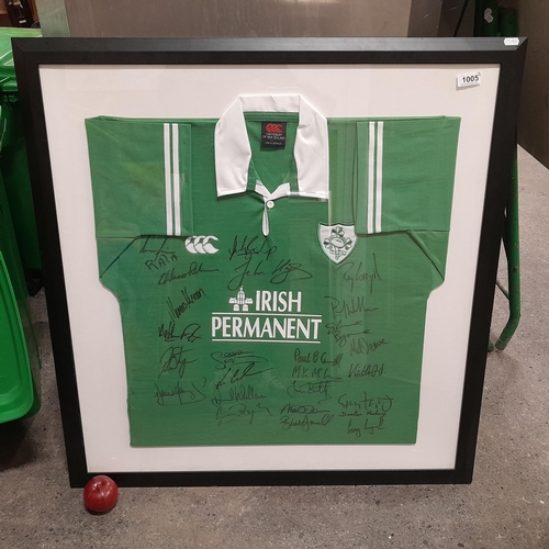 1005 - Star Lot: A very large framed early 2000's signed Irish rugby jersey. Brian O'Driscoll and Paul O'Co... 