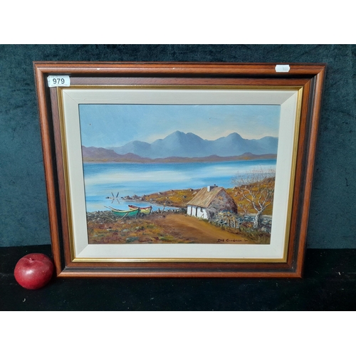 979 - A serene 'Des Goodman' original oil on canvas painting. Features a coastal landscape with cottages, ... 