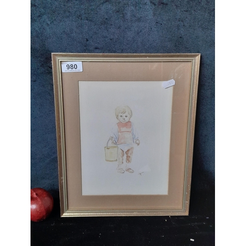 980 - A sweet original watercolour and pencil on paper painting. Features a child holding a bucket. Render... 