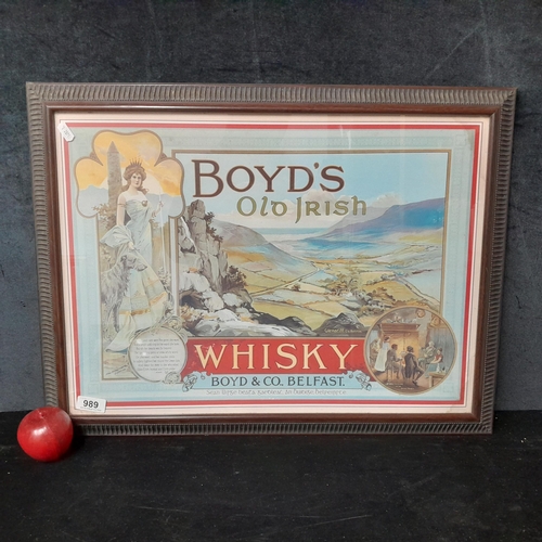 989 - An advertising poster / print featuring 'Boyd's Old Irish Whiskey Belfast'. Housed in a decorative w... 