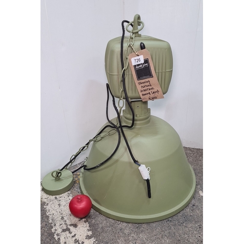 A very large Vintage industrial hanging lamp in green, featuring a large metal shade Glass insert and original wiring. In super condition with a salbvage price tag of €600