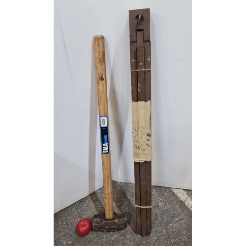 741 - TALA Tools 84.5Kg Sledge Hammer with hickory handle, set of super wooden vintage surveyors tripod. .