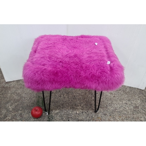 745 - A Fluffy Faux fur purple stool with black metal hairpin legs. Dimensions: approximately 18 x 15 inch... 