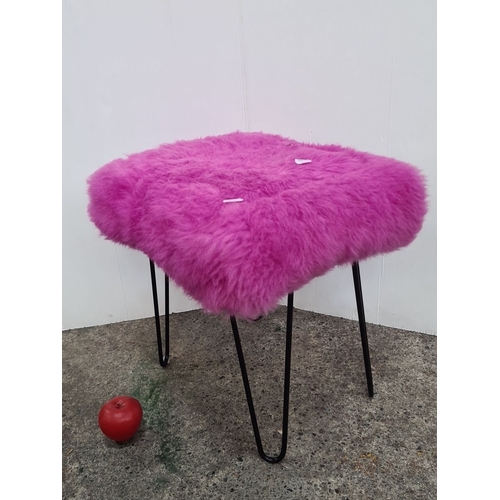 745 - A Fluffy Faux fur purple stool with black metal hairpin legs. Dimensions: approximately 18 x 15 inch... 