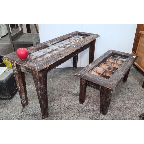 748 - Rustic wood console table and matching bench, featuring gridded tops. Aged with a worn patina.