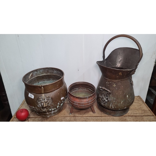 753 - Collection of three vintage copper coal scuttles and planters, featuring embossed lion head and orna... 