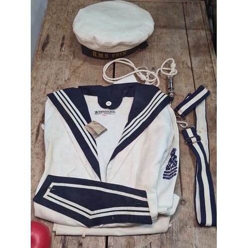 764 - Vintage H.M.S. Erin sailors uniform by Warnocks. The set is complete with hat, whistle, and belt. Th... 