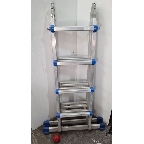 775 - Aluminum folding platform ladder, 150 kg maximum load, featuring adjustable configurations and safet... 