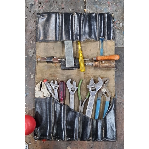 791 - Vintage tool roll with assorted hand tools. Includes adjustable wrenches, screwdrivers, and pliers. ... 