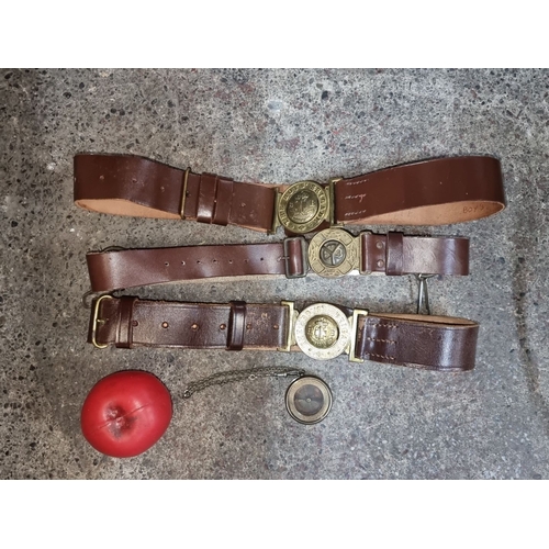 804 - Vintage Boy Scout belts with brass buckles and a Stanley London pocket compass.