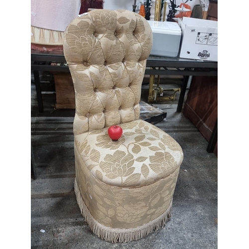 809 - Vintage upholstered boudoir slipper chair with tufted backrest, floral patterned fabric, and matchin... 