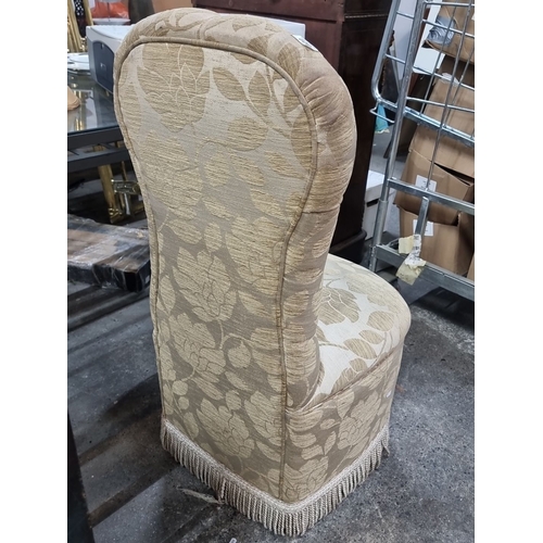 809 - Vintage upholstered boudoir slipper chair with tufted backrest, floral patterned fabric, and matchin... 