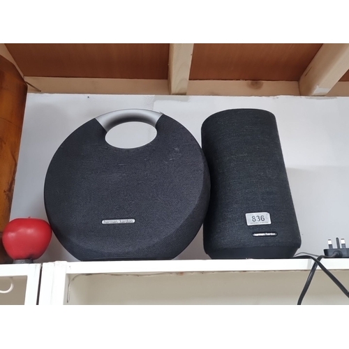 836 - Harman Kardon wireless speakers, set of 2 in black fabric finish. Includes cylindrical model 836Z an... 