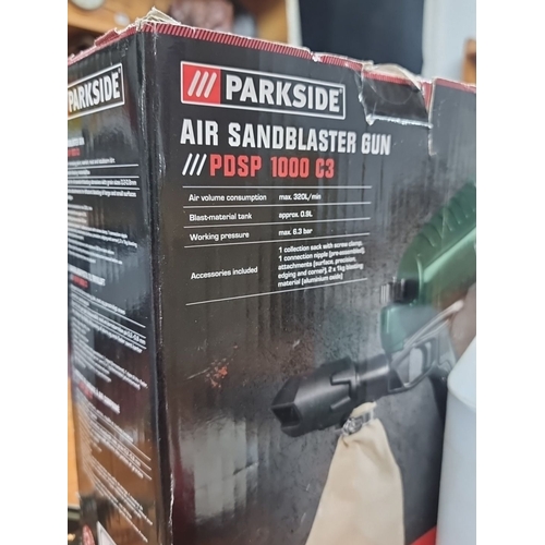 854 - Parkside Air Sandblaster Gun PDSP 1000 C3. Includes 1 collection sack, 1 connection nipple, and 1 li... 