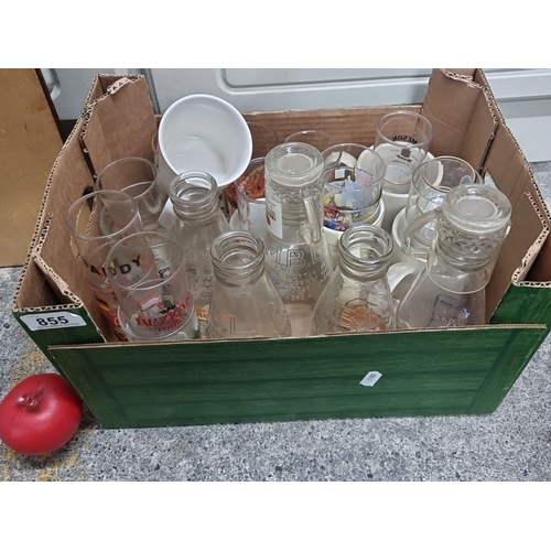 855 - Mixed lot of vintage glass milk bottles and Glasses inc Irish Examples