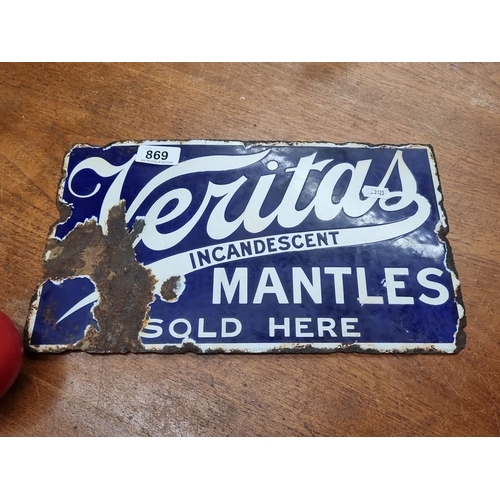 869 - Star Lot : A fabulous Veritas Incandescent Mantles vintage double sided enamel sign, featuring bold ... 