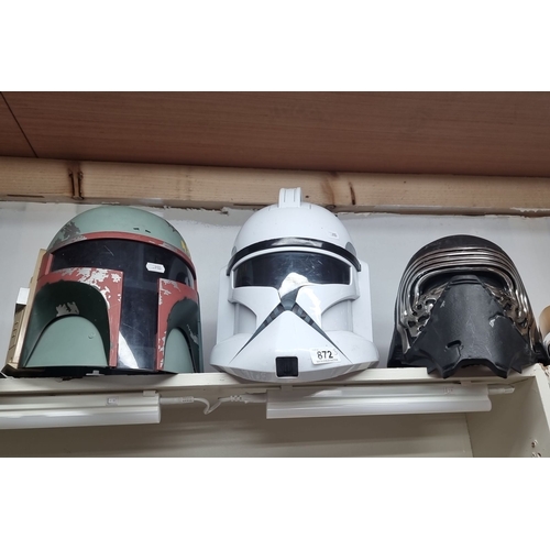 872 - Three fabulous Star Wars-themed helmets, including Boba Fett, Clone Trooper, and Kylo Ren.