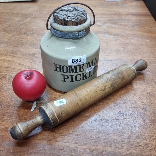 882 - Two Vintage kitchenware set including a 'Home Made Pickles' stoneware jar with a cork stopper and a ... 