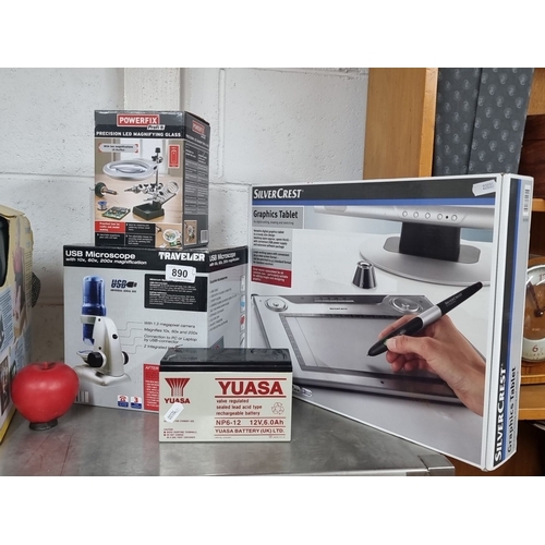 890 - A mixed lot of four items including Powerfix LED Magnifying Glass, Silvercrest Graphics Tablet, Trav... 