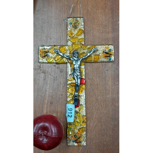 912 - A most unusual colorful glass Midcentury crucifix.