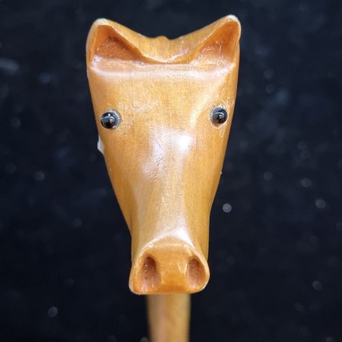 131 - A super very straight Ash tall chest height wood hiking walking stick featuring a carved horse head ... 