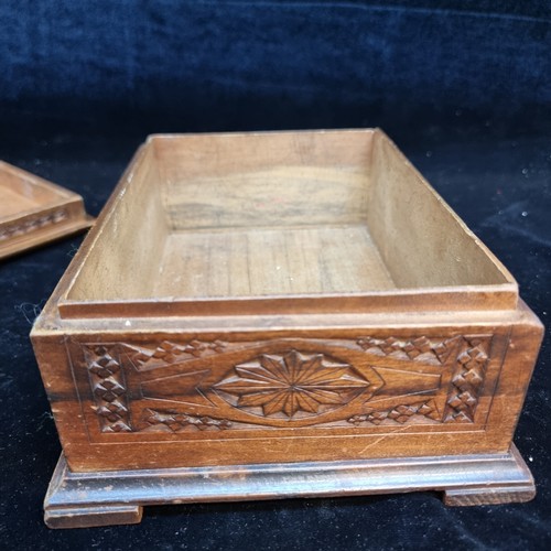 150 - A beautiful and intricately carved wooden storage box with an Art Nouveau hammered pewter top.