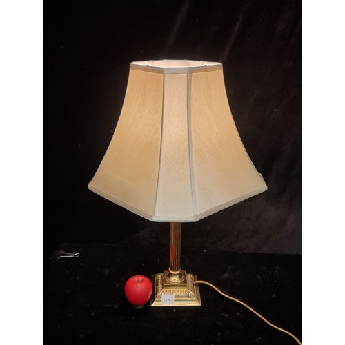 774 - An elegant vintage brass column table lamp featuring a gorgeous satin shade.