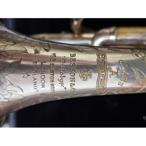 202 - An excellent British made Besson & Co. trumpet held in a fully lined hard shell travel case.