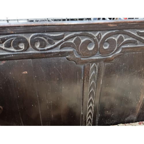 388 - Star Lot: A fabulous mid 19th century heavy oak antique settle bench with wonderful Arts and Crafts ... 