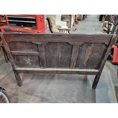 388 - Star Lot: A fabulous mid 19th century heavy oak antique settle bench with wonderful Arts and Crafts ... 