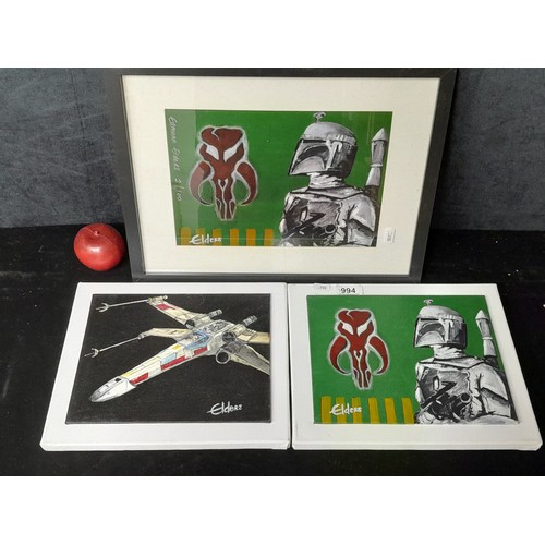 994 - Three original Eamonn Elders oil on board paintings. Features Star War characters Bobafet and X Wing... 