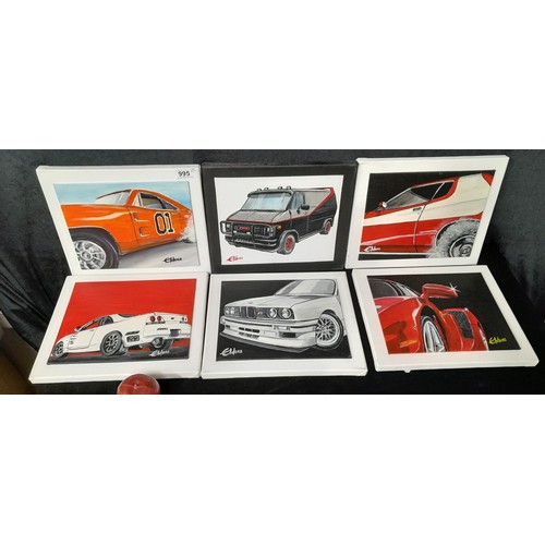 995 - A series of six original Eamonn Elders oil on board paintings featuring racing cars including Ferrar... 