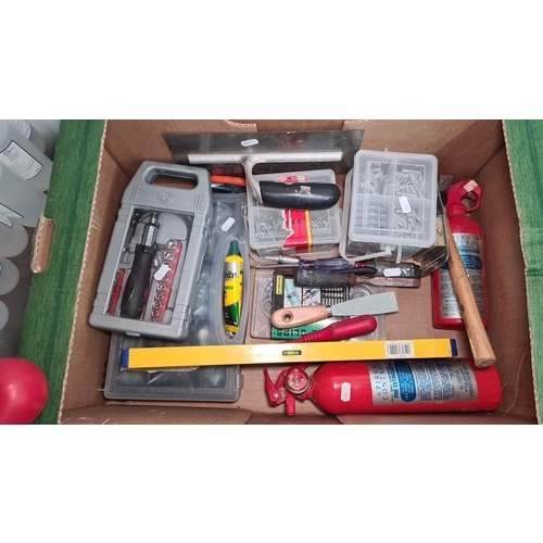 759 - Collection of assorted tools and hardware, including fire extinguishers (Model 310R), level, screwdr... 