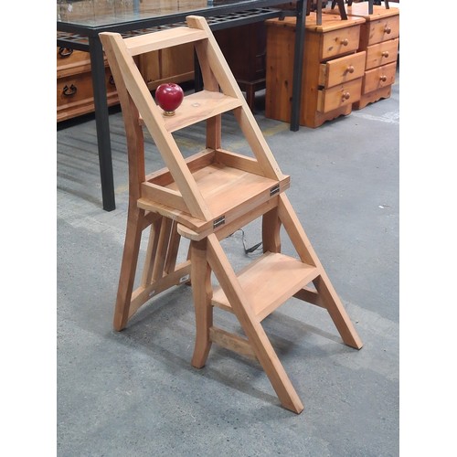 758 - Star Lot : A metamorphic chair / steps. Excellent Crafted wooden chair with lower storage shelf. Sla... 