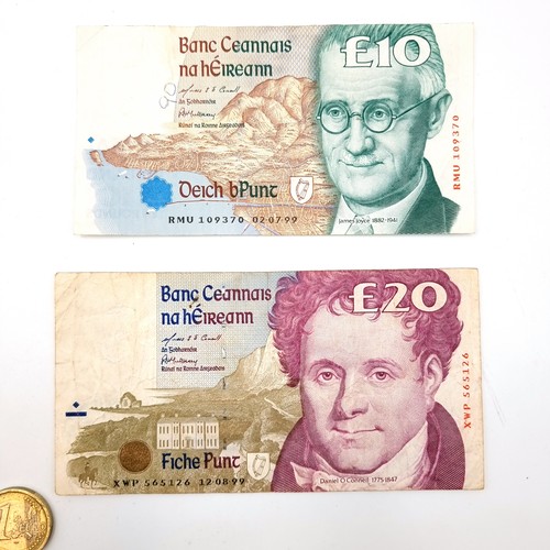 1060 - A £10 and £20 note issued by the Central Bank of Ireland dating to 1993. Featuring James Joyce and D... 