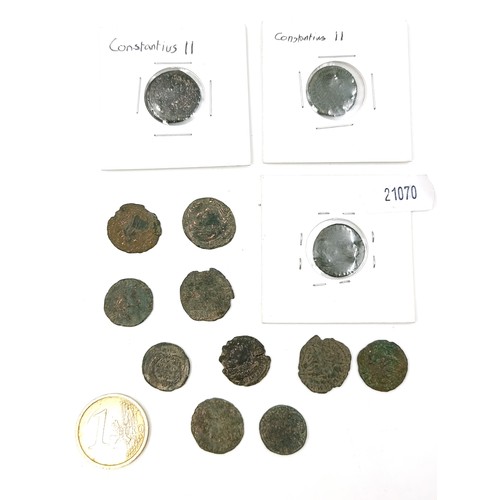 1066 - A collection of 13 roman coins. Including three card examples, two with the emperor Constantias II.