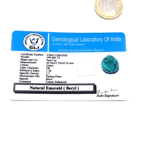 56 - Star Lot : A very large facet cut teardrop natural emerald of 199 carats. Comes with certificate of ... 