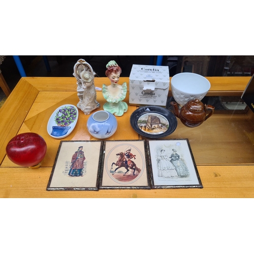 409 - Mixed lot of 11 items including vintage figurines, decorative plates, brown teapot, blue vase, a box... 