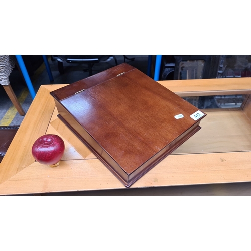 413 - Vintage mahogany writing box with hinged lid and internal pen compartment.