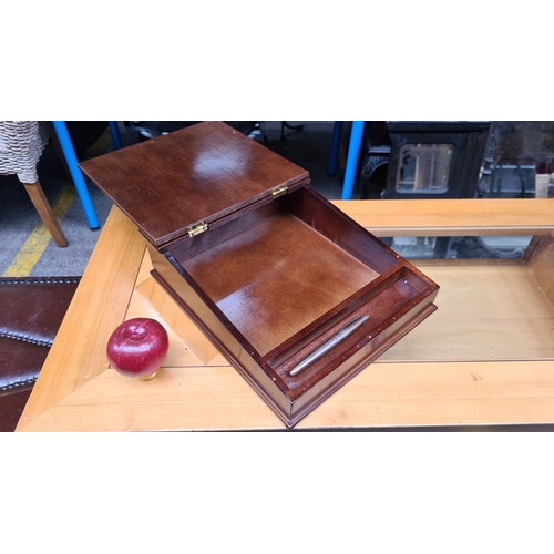 413 - Vintage mahogany writing box with hinged lid and internal pen compartment.