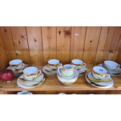 436 - A Japanese Noritake 20 piece porcelain tea set with a hand-painted landscape design. The set include... 